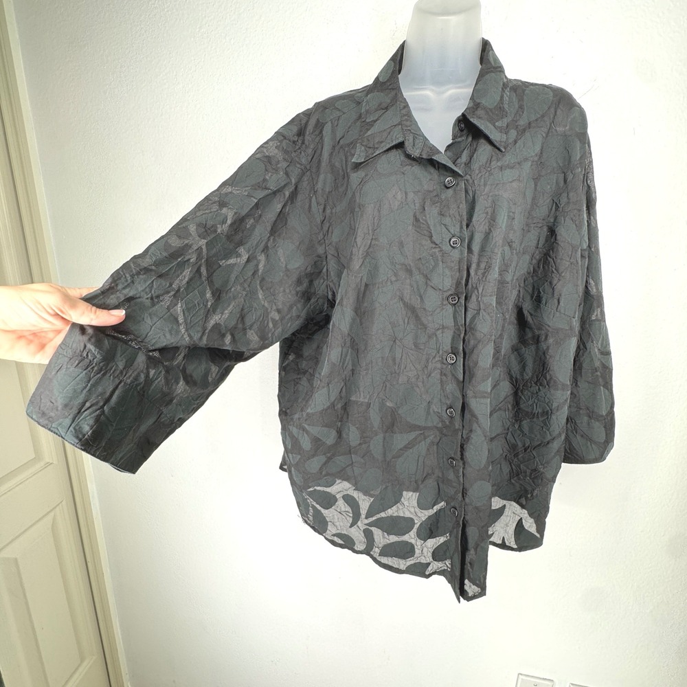 Vintage Womens Burnout Sheer Leaf Button Shirt Size 2X Black Layering Lagenlook